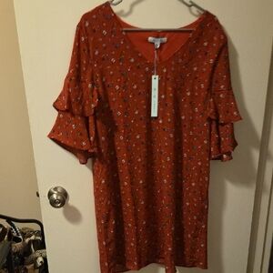 She + Sky Red Flutter Sleeve Ruffled Blouse